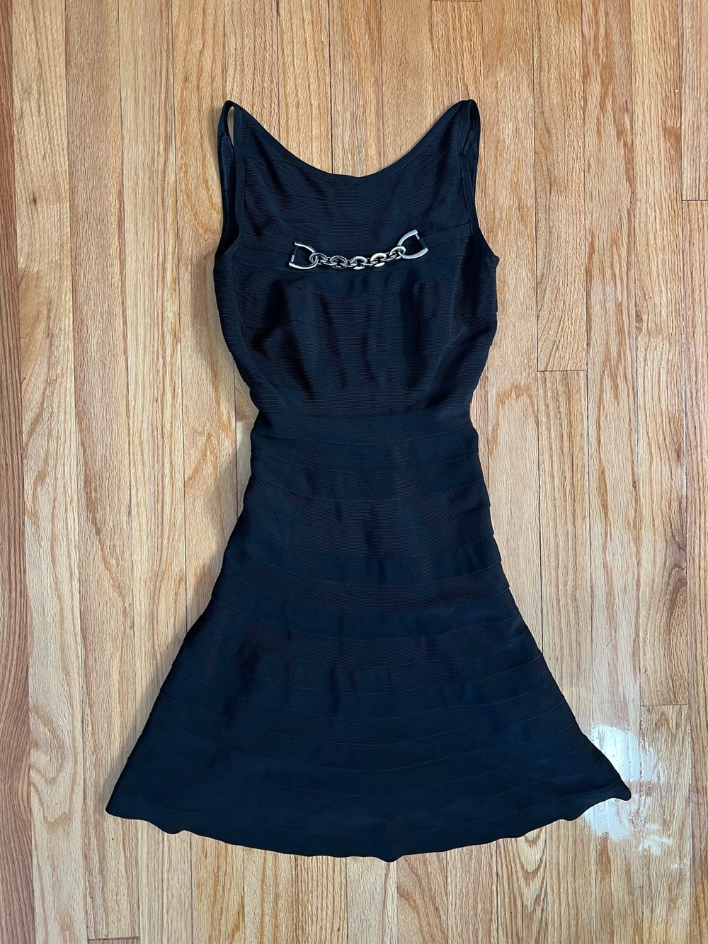 Herve Leger black Heidi bodycon dress with silver chain detail. Women’s size XS